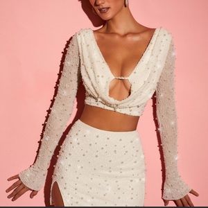 Oh Polly Long Sleeve Deep Plunge Crop Top in White